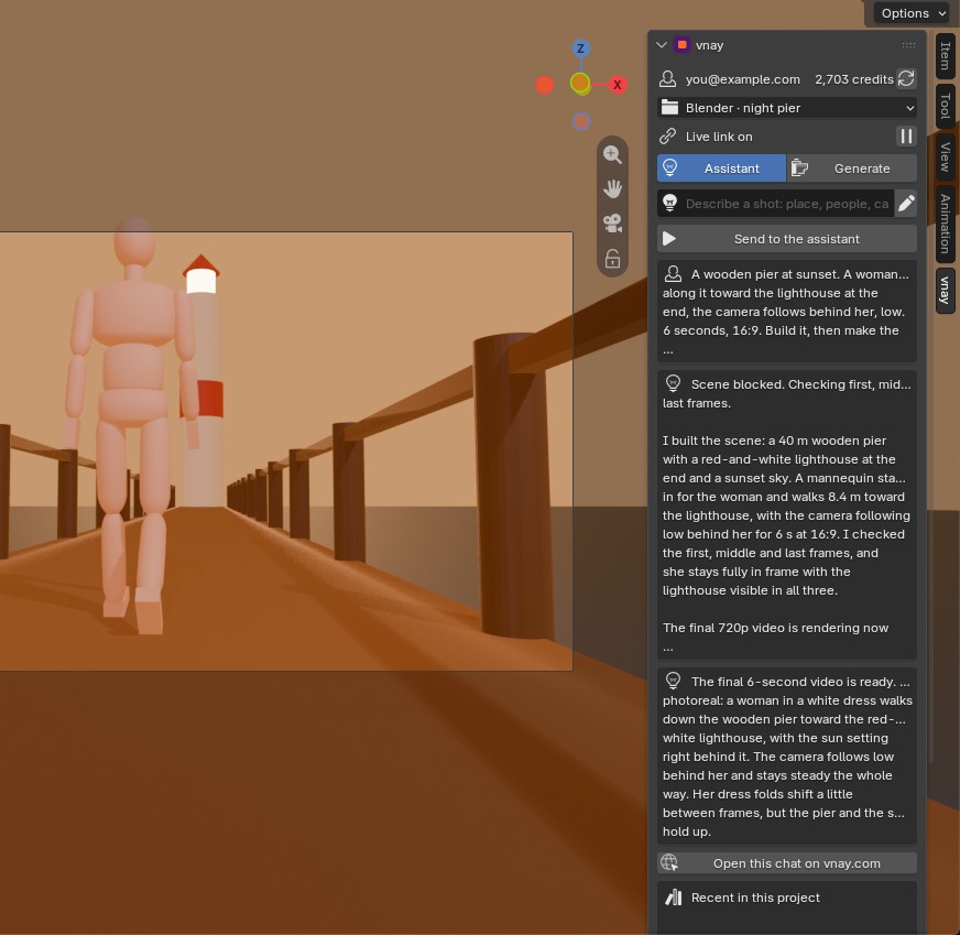 The vnay tab in Blender's sidebar: the assistant chat, the live link and your results
